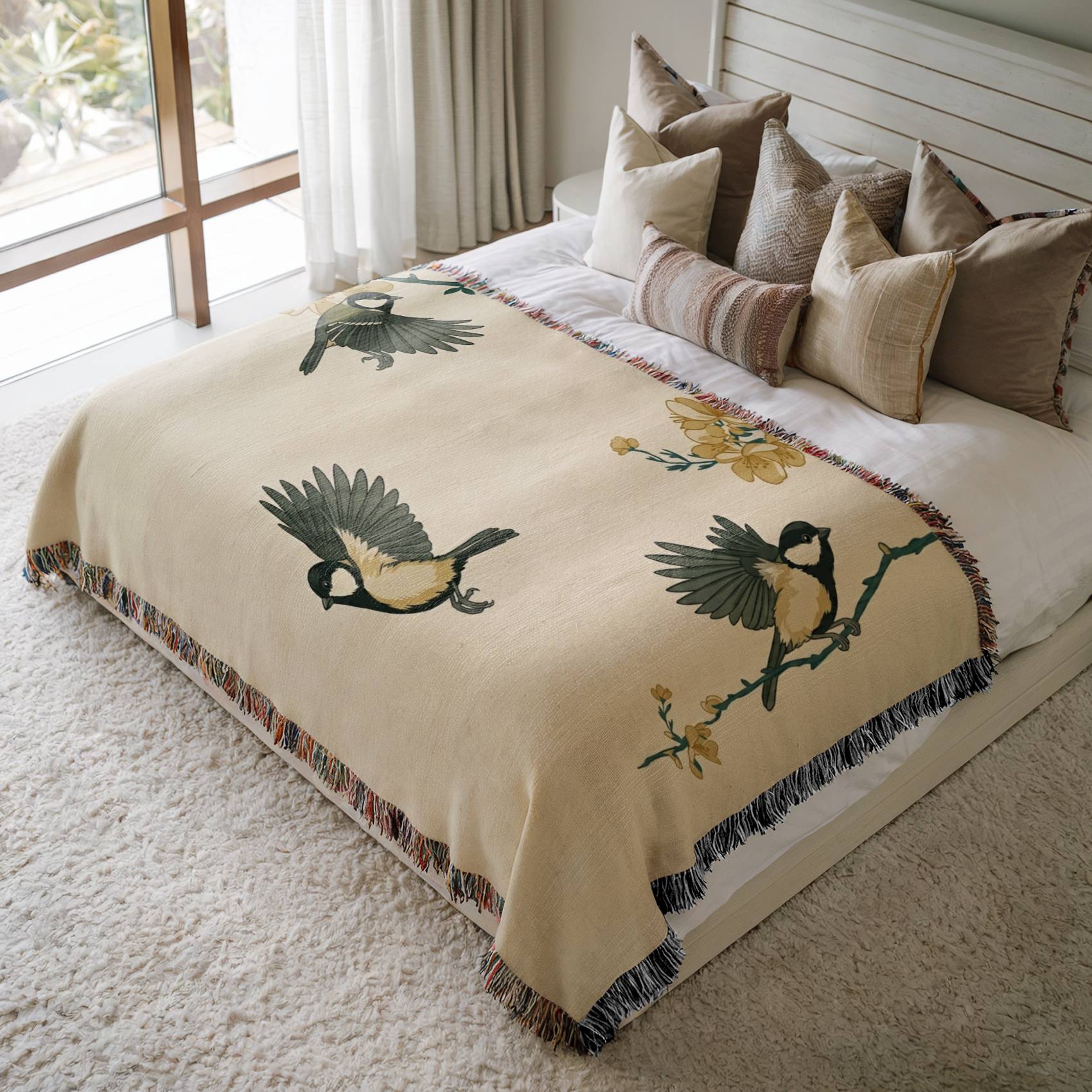 Nordic Blossom Birds Woven Blanket
