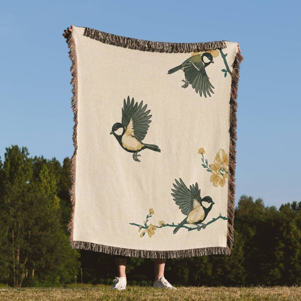 Nordic Blossom Birds Woven Blanket