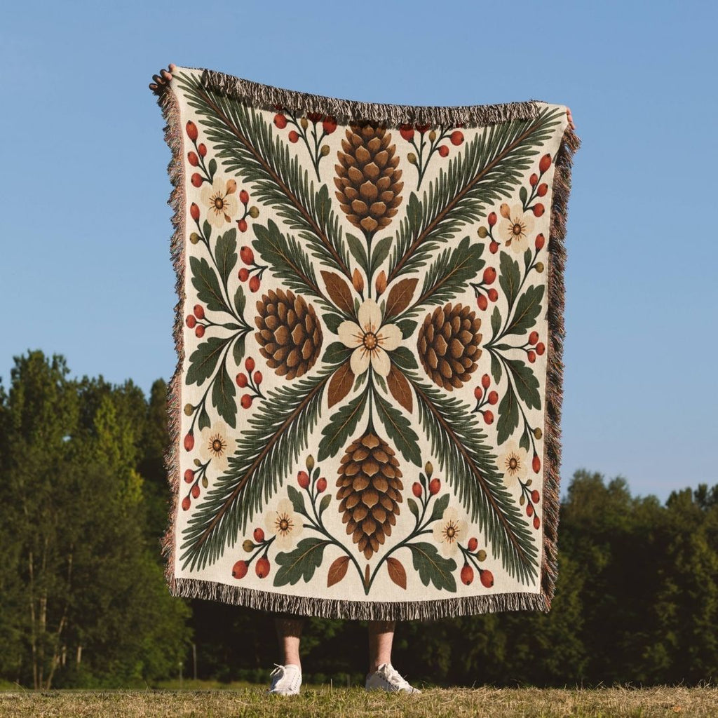 Pinecone & Spruce woven throw blanket outdoors