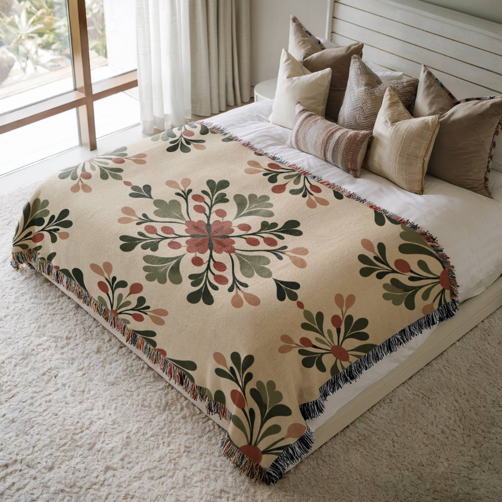 Rustic Floral Crest jacquard woven blanket on a queen bed