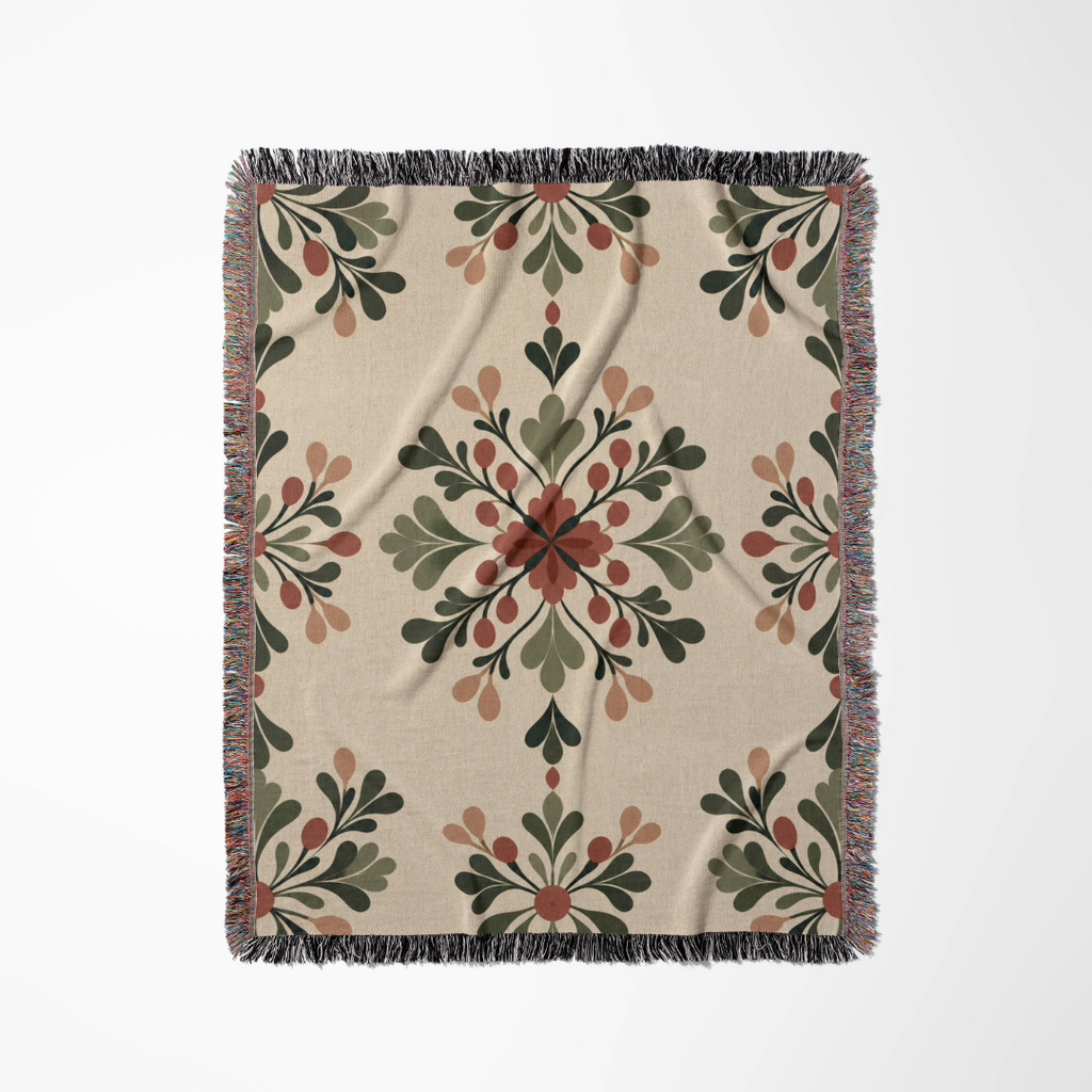 Rustic Floral Crest woven blanket flat lay showing the pattern