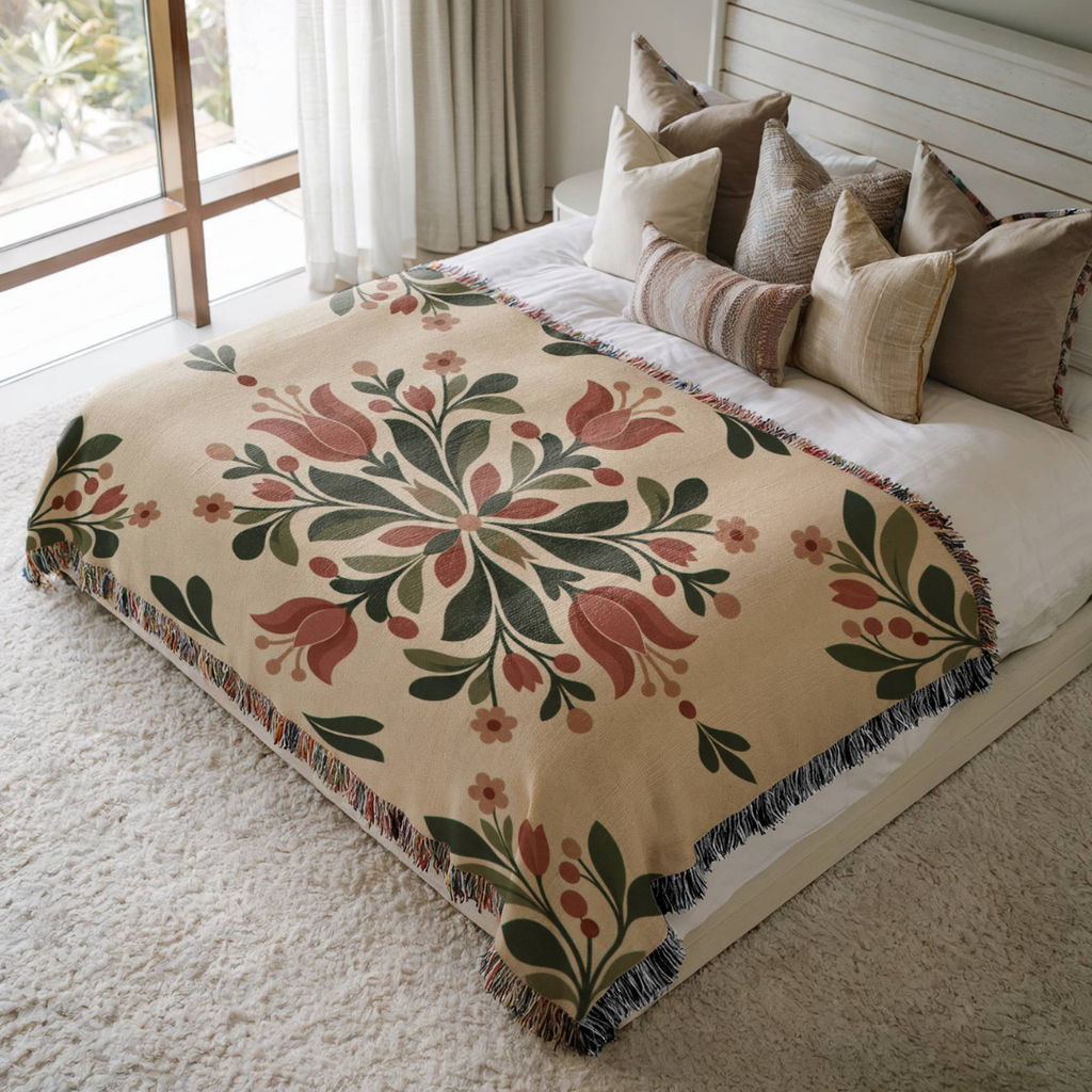 Tulip Heirloom jacquard woven blanket on a queen bed