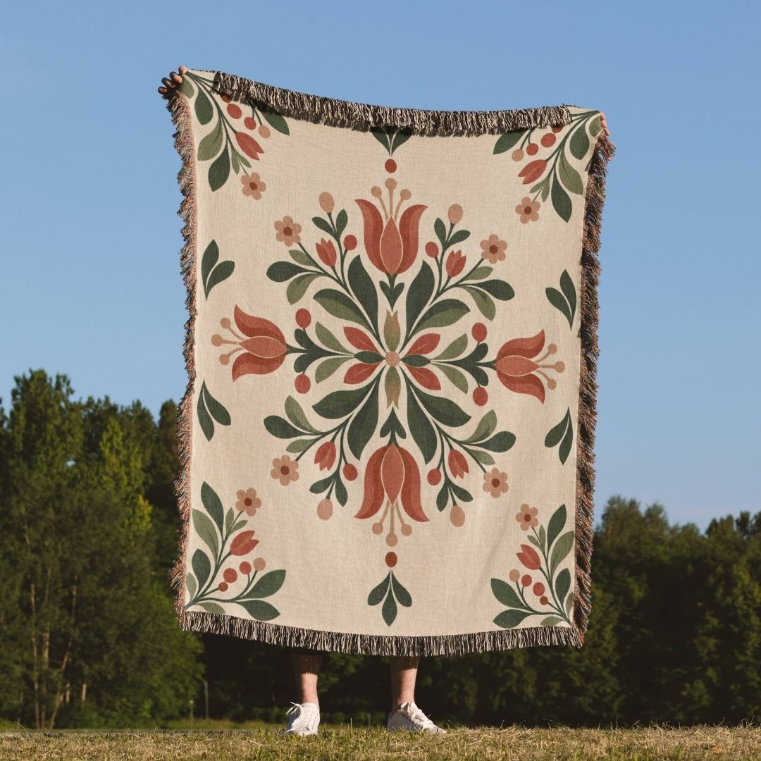 Tulip Heirloom woven throw blanket outdoors