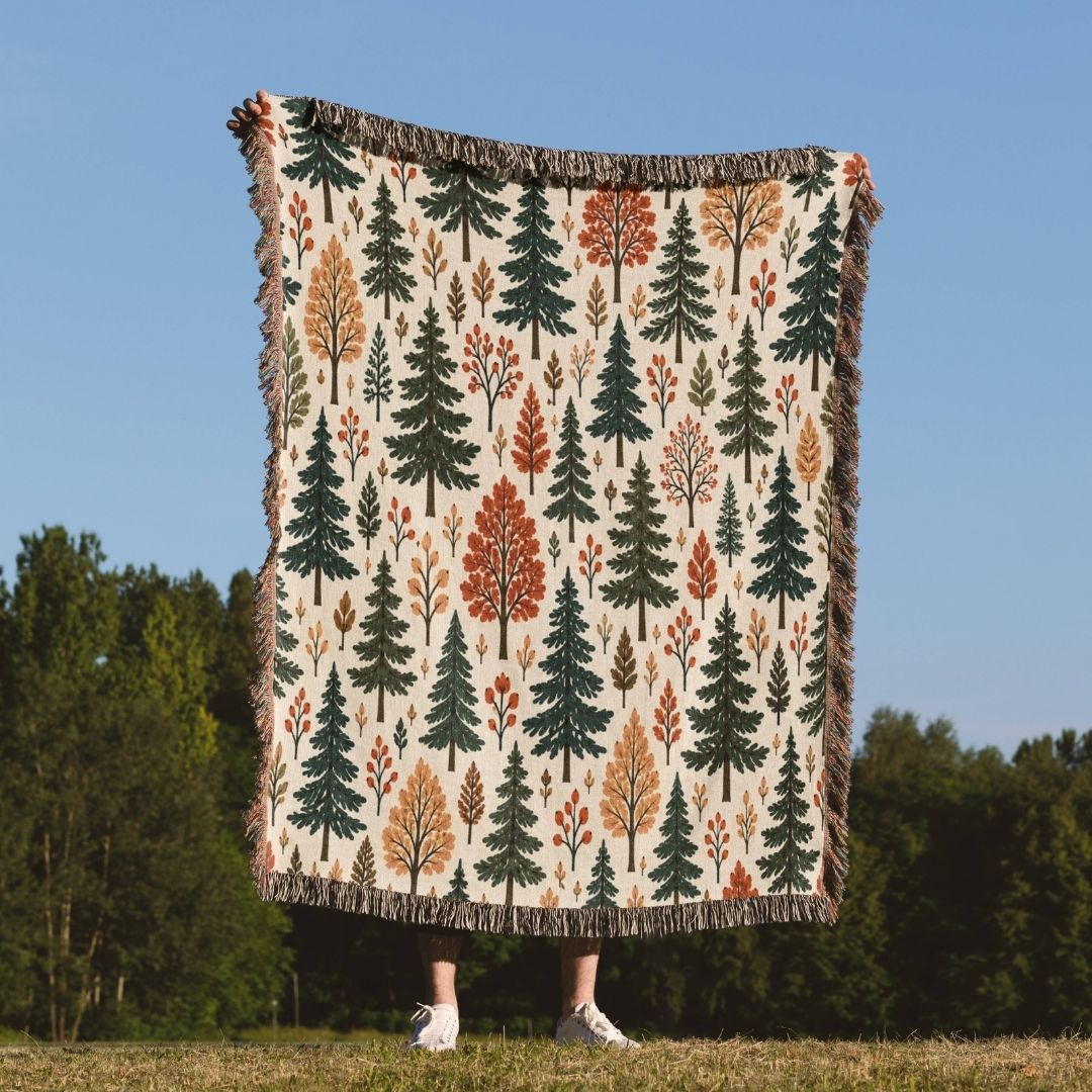 Woodland Canopy woven throw blanket outdoors
