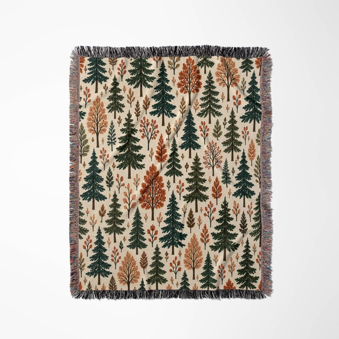 Woodland Canopy woven blanket flat lay showing the pattern