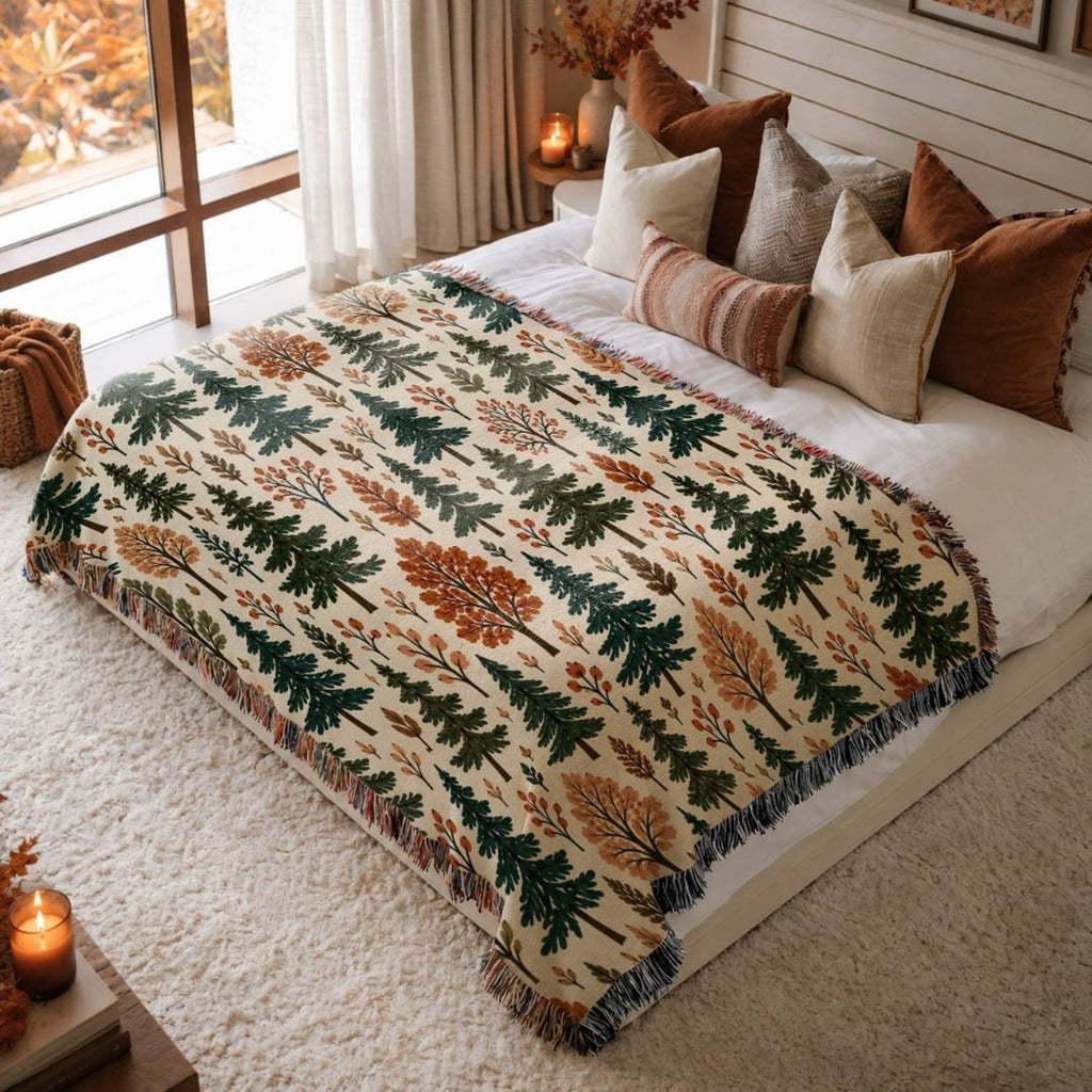 Woodland Canopy jacquard woven blanket on a queen bed