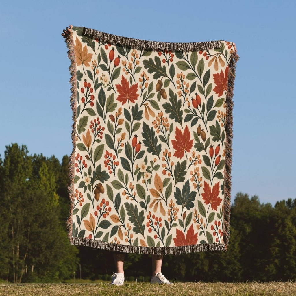 Woodland Harvest woven throw blanket outdoors