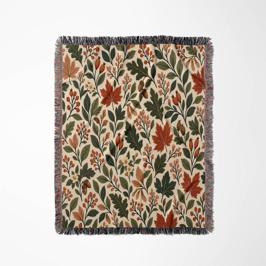 Woodland Harvest woven blanket flat lay showing the pattern