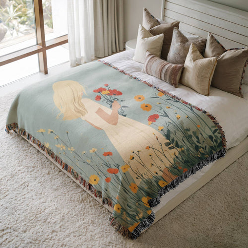 a bed with a blanket that has a picture of a girl on it