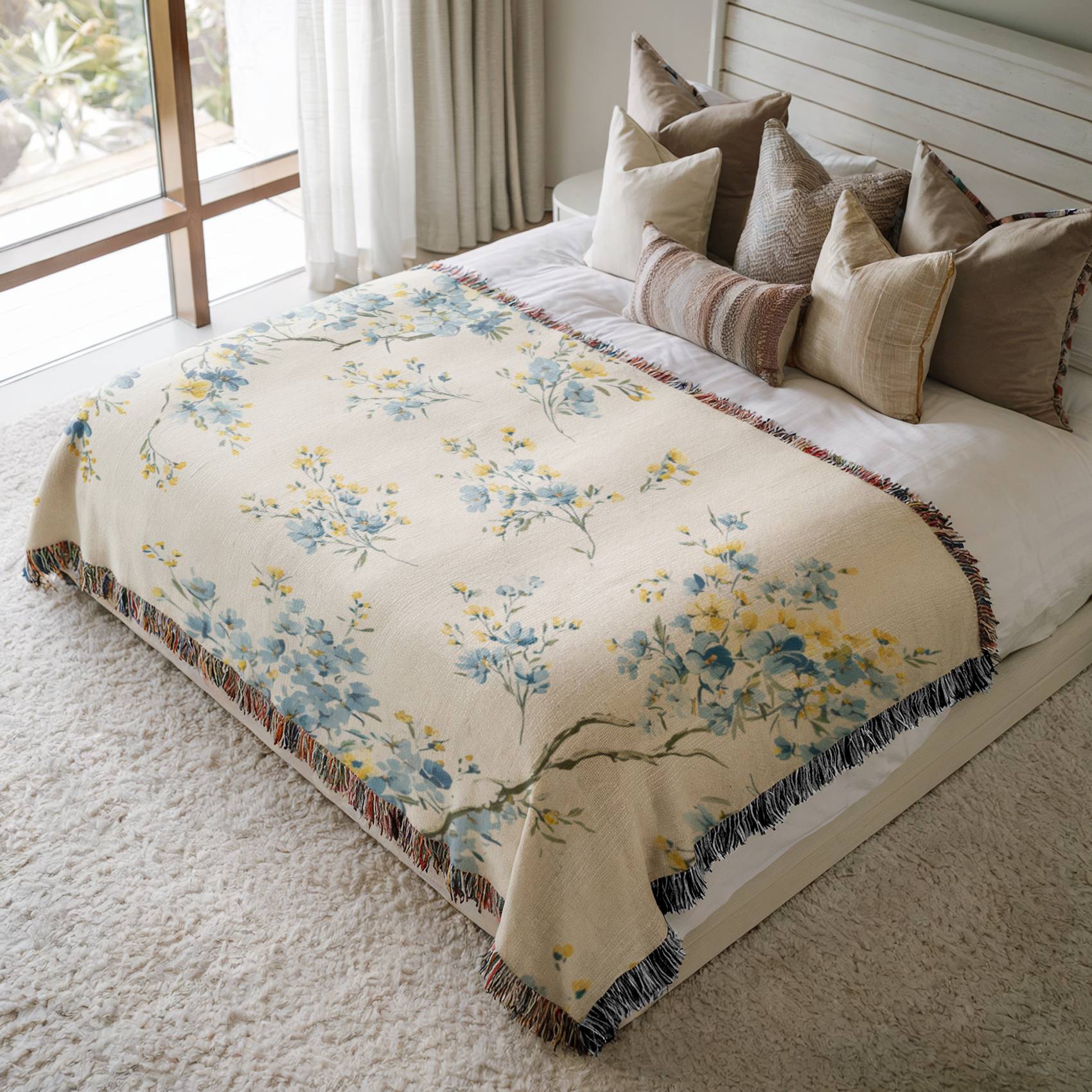 a bed with a floral comforter and pillows