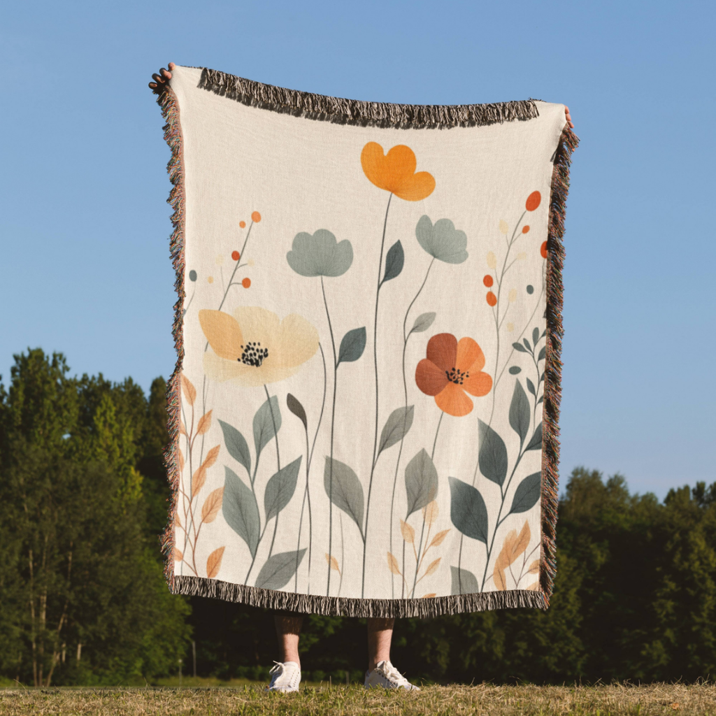 a woman standing in a field holding a blanket with flowers on it