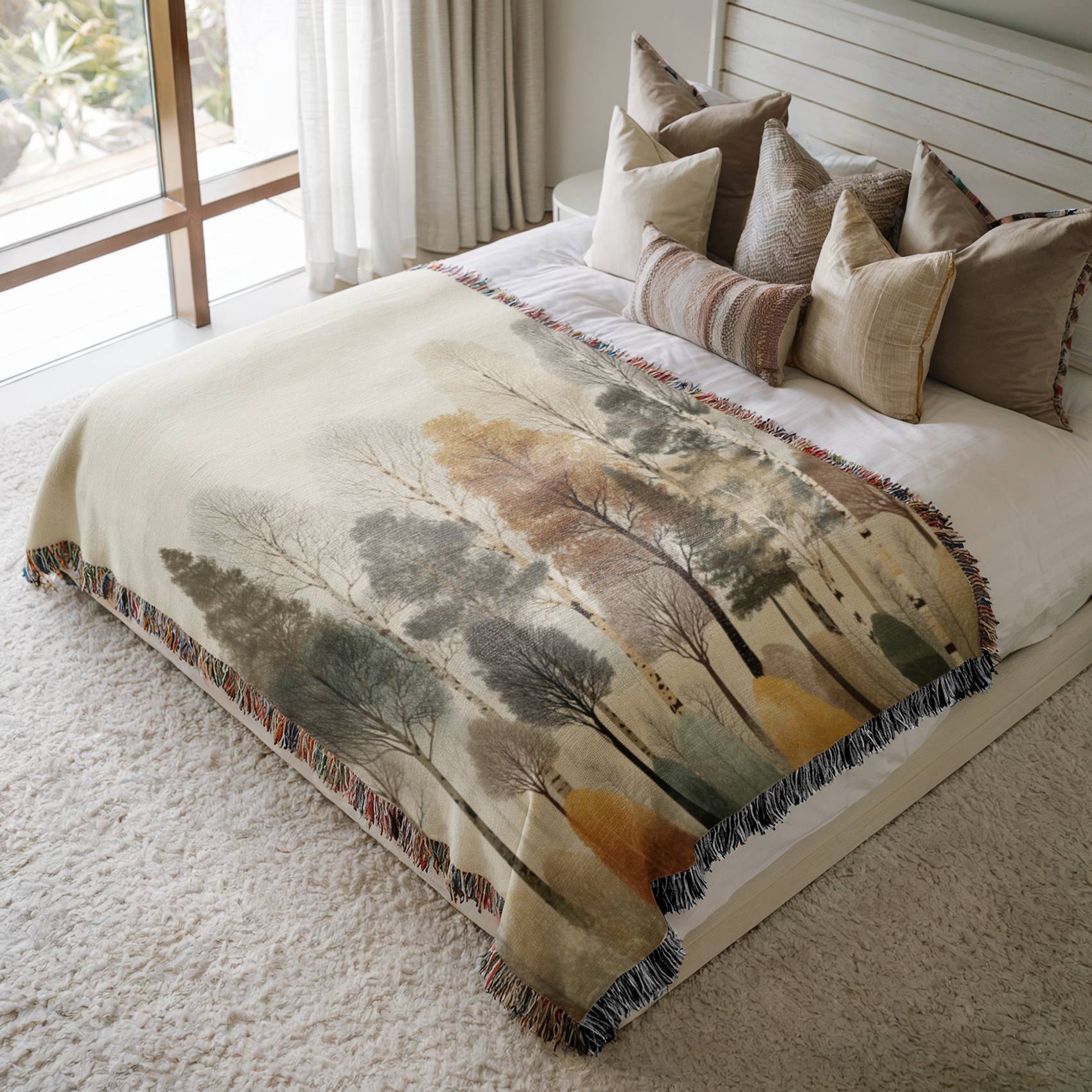 a bed with a blanket and pillows on top of it