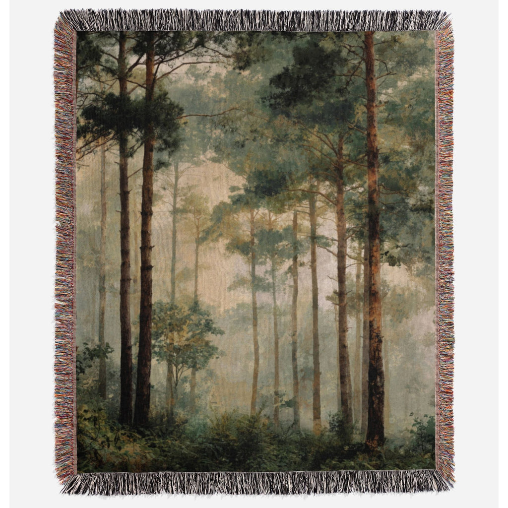 a painting of a forest with trees and fog
