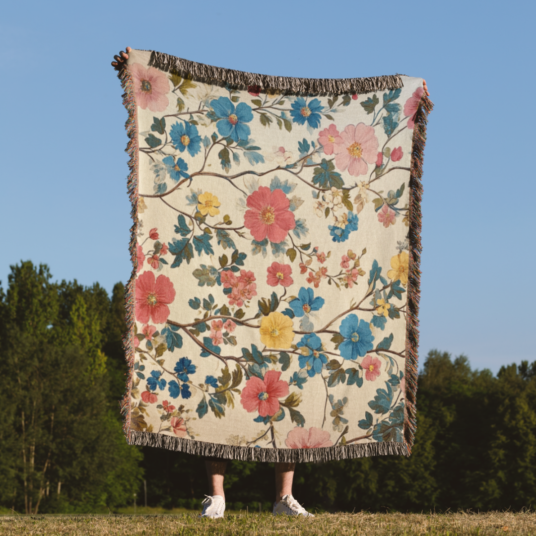 a woman standing in a field holding a blanket