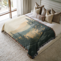 a large bed with a forest scene on it