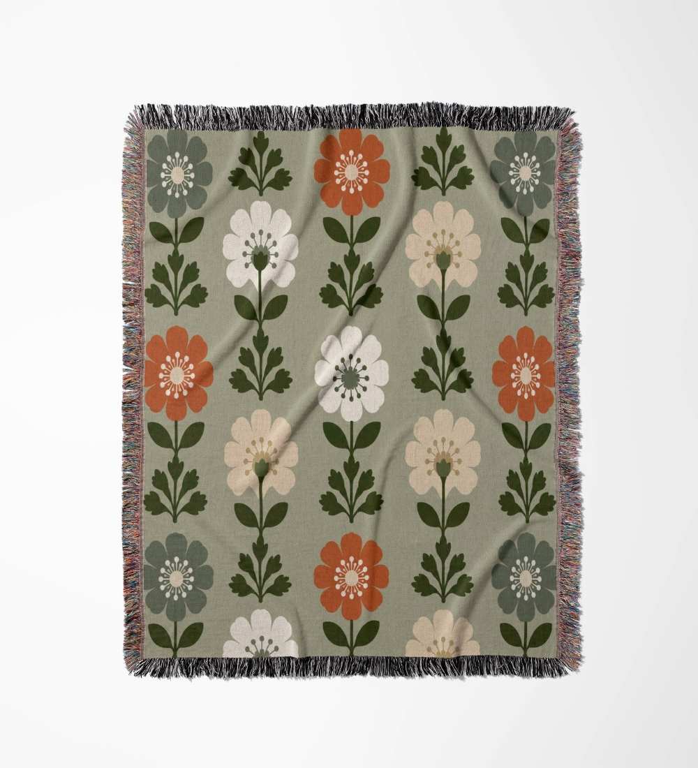 Nordic Folk Botanical Grid Woven Blanket