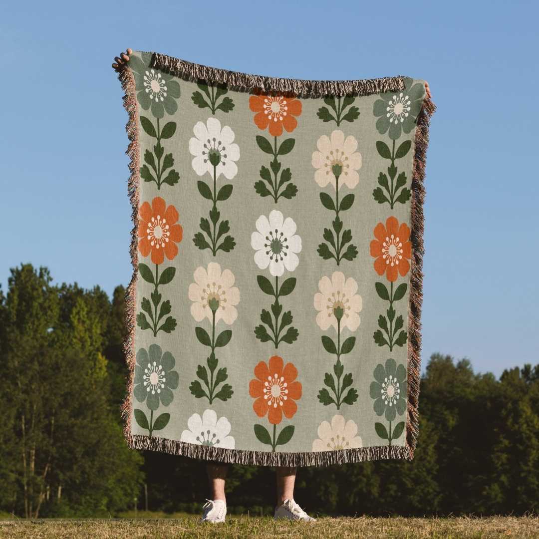Nordic Folk Botanical Grid Woven Blanket